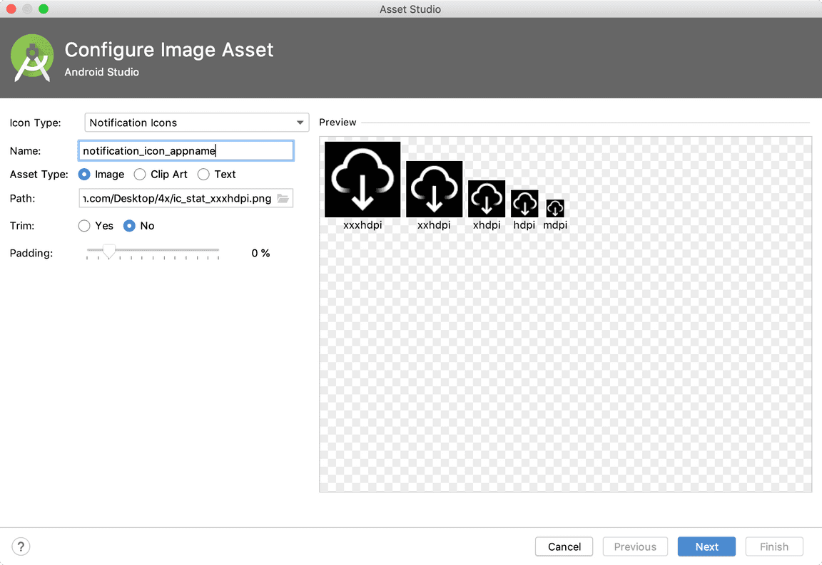 Image Asset Studio settings for notification icons Image Asset Studio settings for notification icons