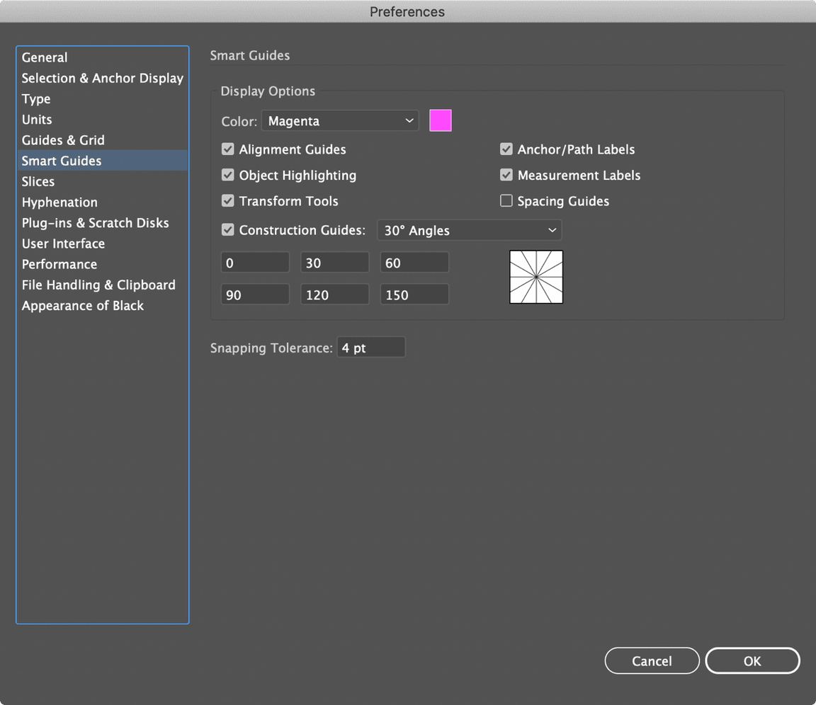 Illustrator preferences for Smart Guides Illustrator preferences for Smart Guides