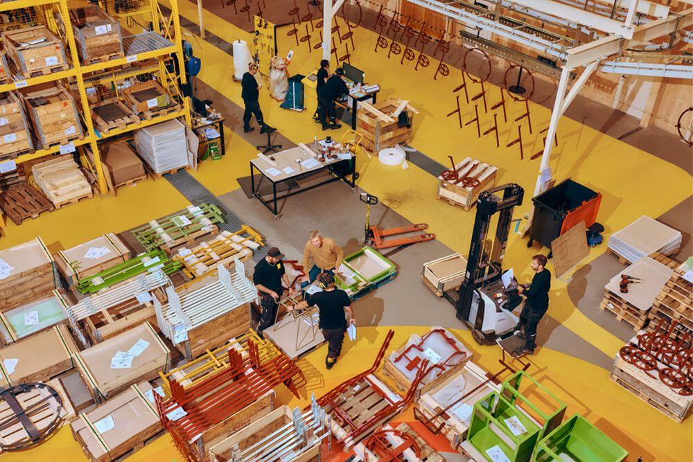 aerial view of factory floor with workers aerial view of factory floor with workers