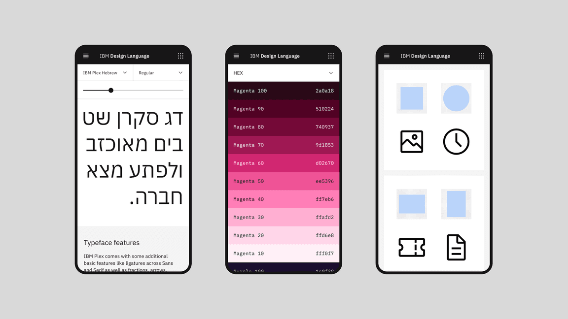 illustration of three mobile mockups of IBM Design Language site illustration of three mobile mockups of IBM Design Language site