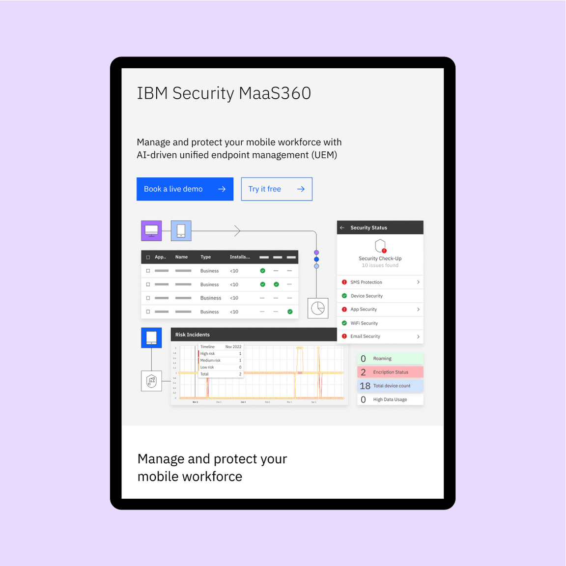 IBM Security MaaS360 unified endpoint management mobile screen view in hybrid UI illustration IBM Security MaaS360 unified endpoint management mobile screen view in hybrid UI illustration