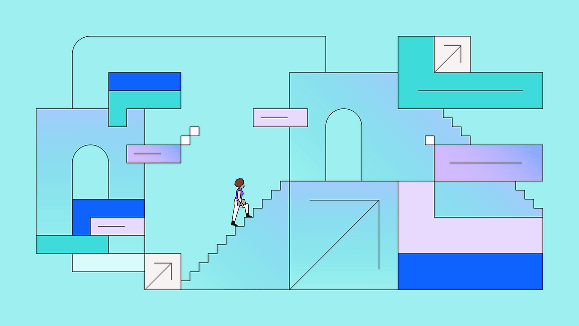 line-style illustration with person walking up stairs line-style illustration with person walking up stairs
