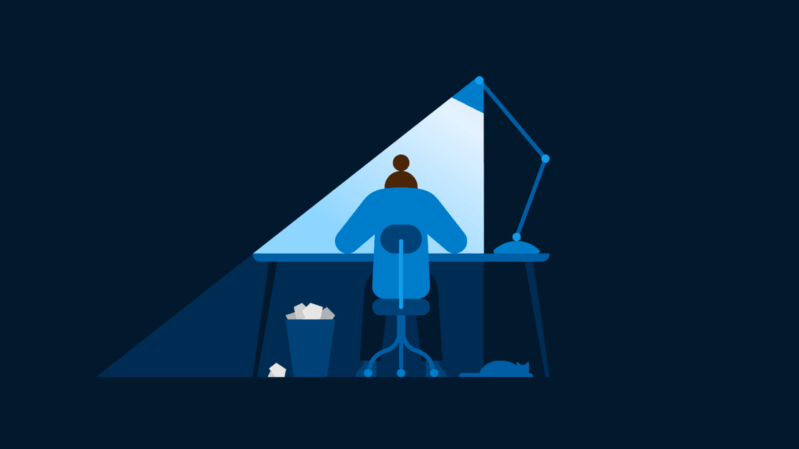 flat-style illustration of person at desk at night flat-style illustration of person at desk at night