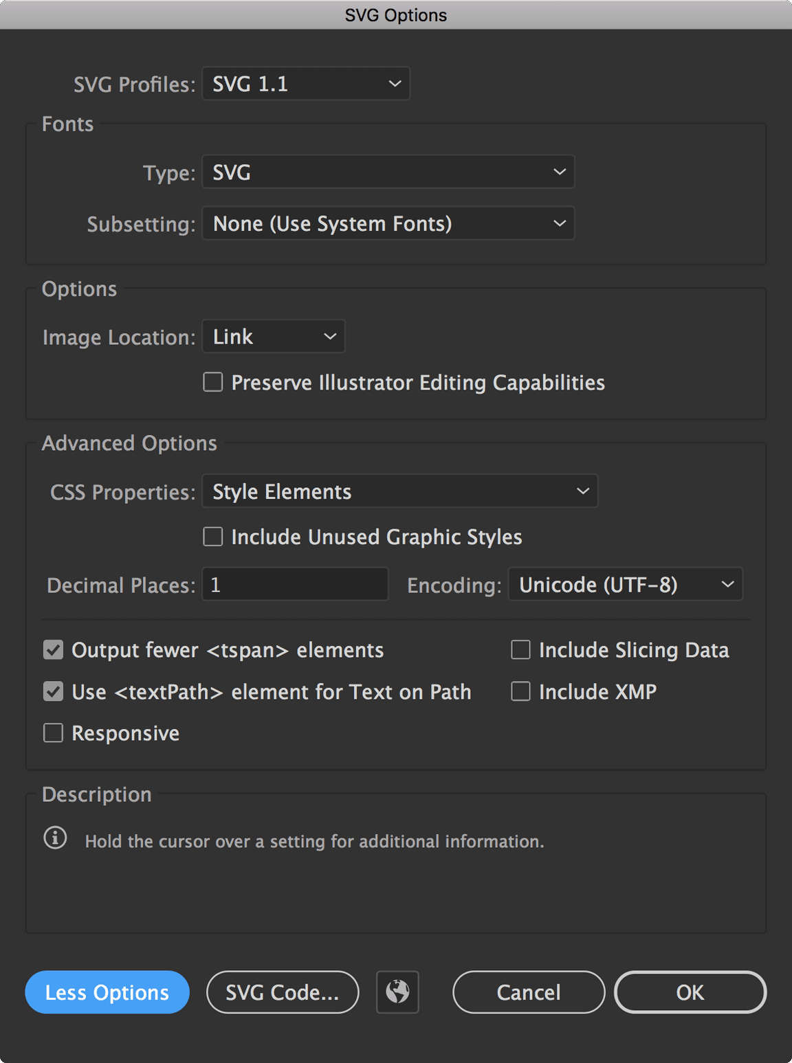 Ai settings for svg export screenshot Ai settings for svg export screenshot