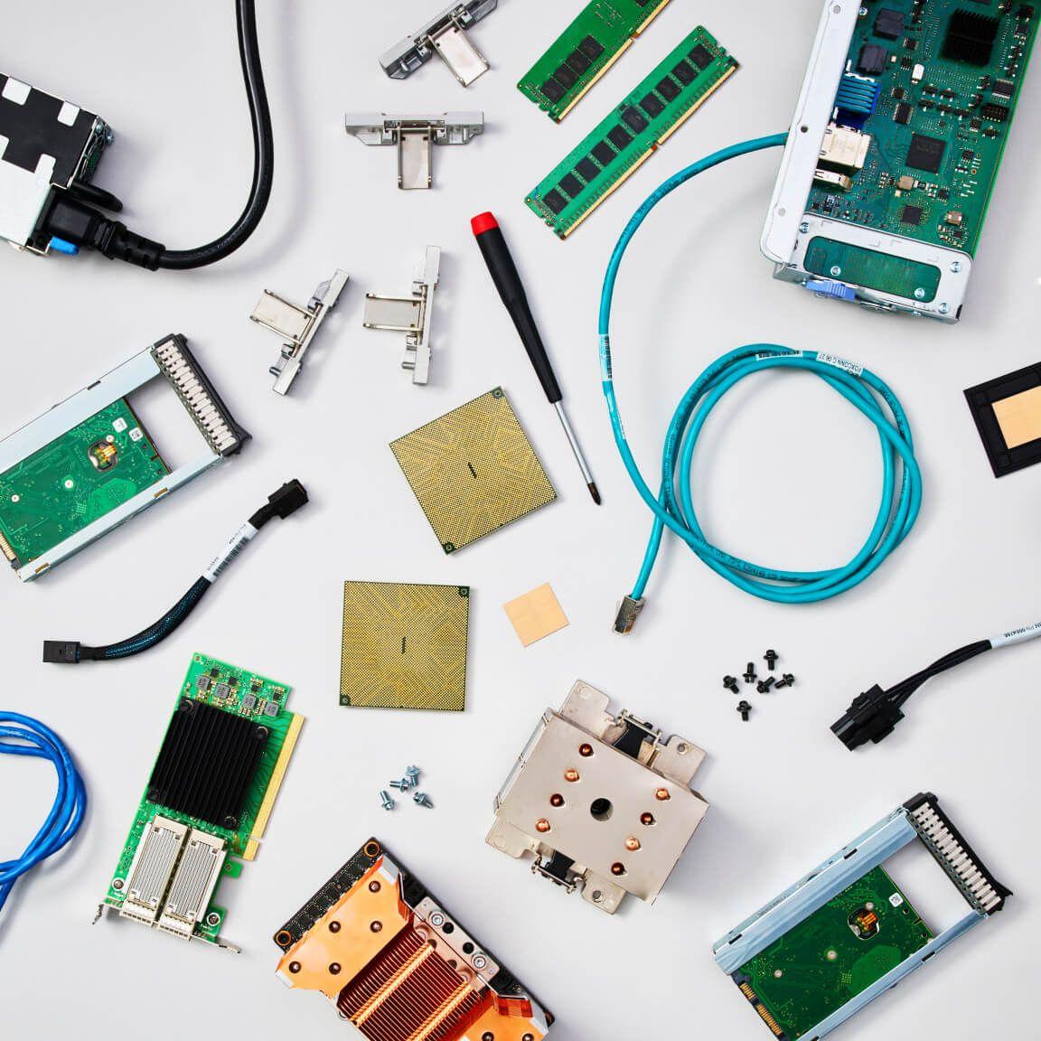 overhead view of hardware components on table overhead view of hardware components on table